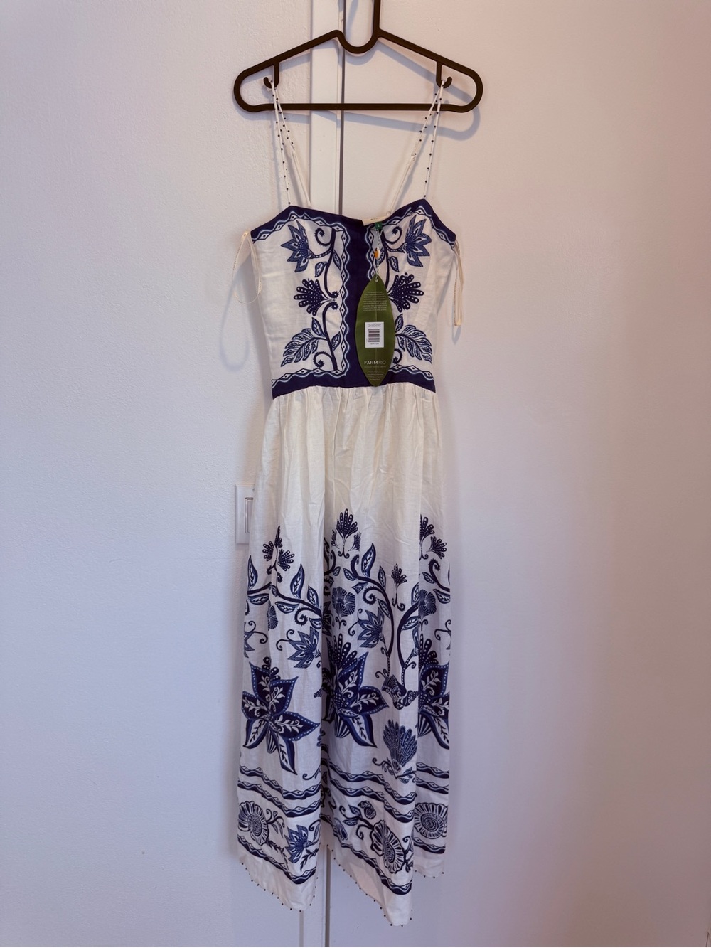 Farm Rio White and Navy Floral Embroidered Spaghetti Strap Kids Dress